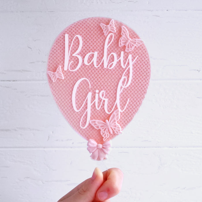 Baby-Mädchen-Luftballonaufsatz aus klarem Acryl – weißer Schriftzug