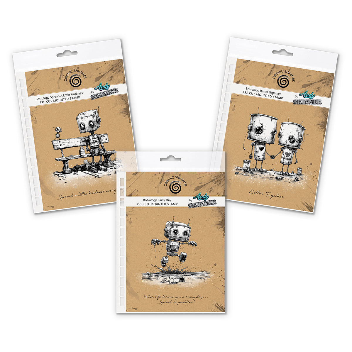 Three packages of cut-out mounted rubber stamps with robot illustrations on a white background.
