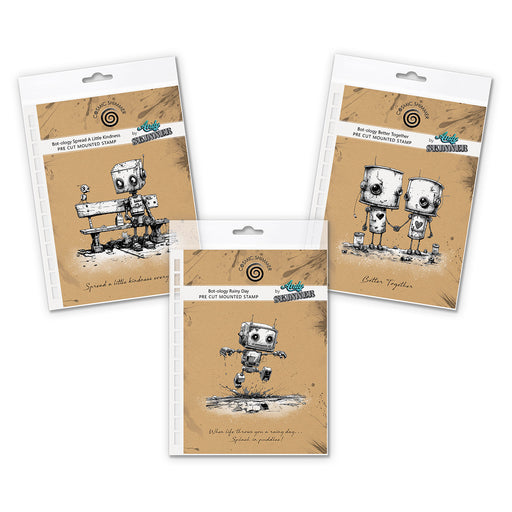 Three packages of cut-out mounted rubber stamps with robot illustrations on a white background.