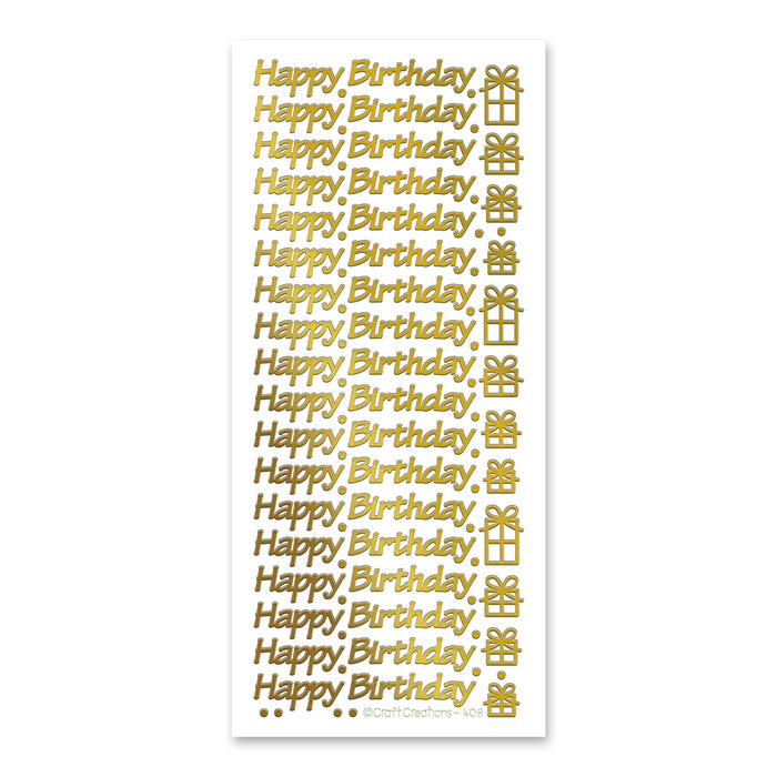 Goldfarbene, selbstklebende, abziehbare Aufkleber „Happy Birthday“.