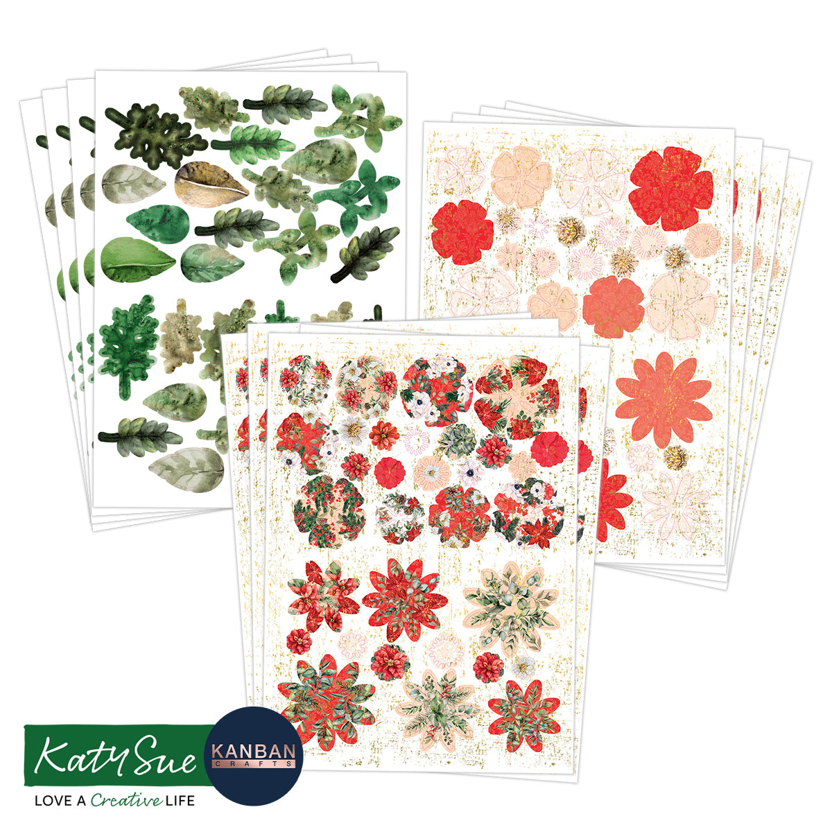 Kanban Traditional Christmas Die Cut Flowers & Leaves, 12 sheets