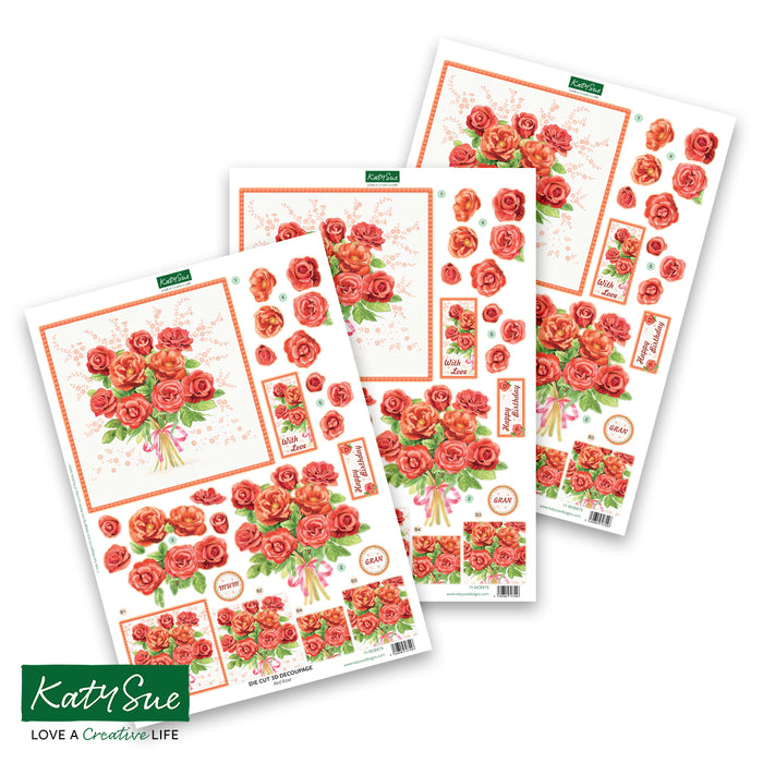 Gestanztes Decoupage – Rote Rosen (3er-Pack)