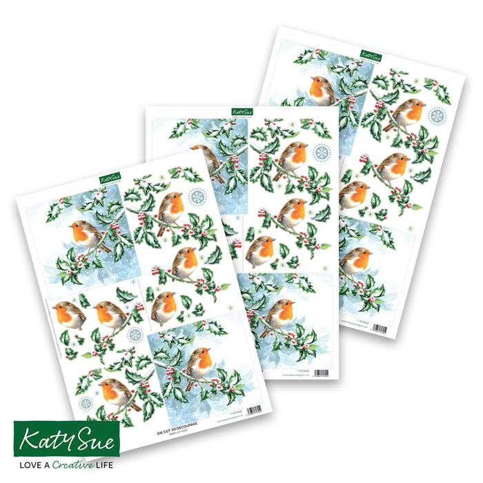 Die Cut Decoupage – Robin on Holly (pack of 3)