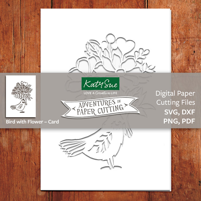 Vogel mit Blumenkarte, Papierschnitt, digitale Vorlage