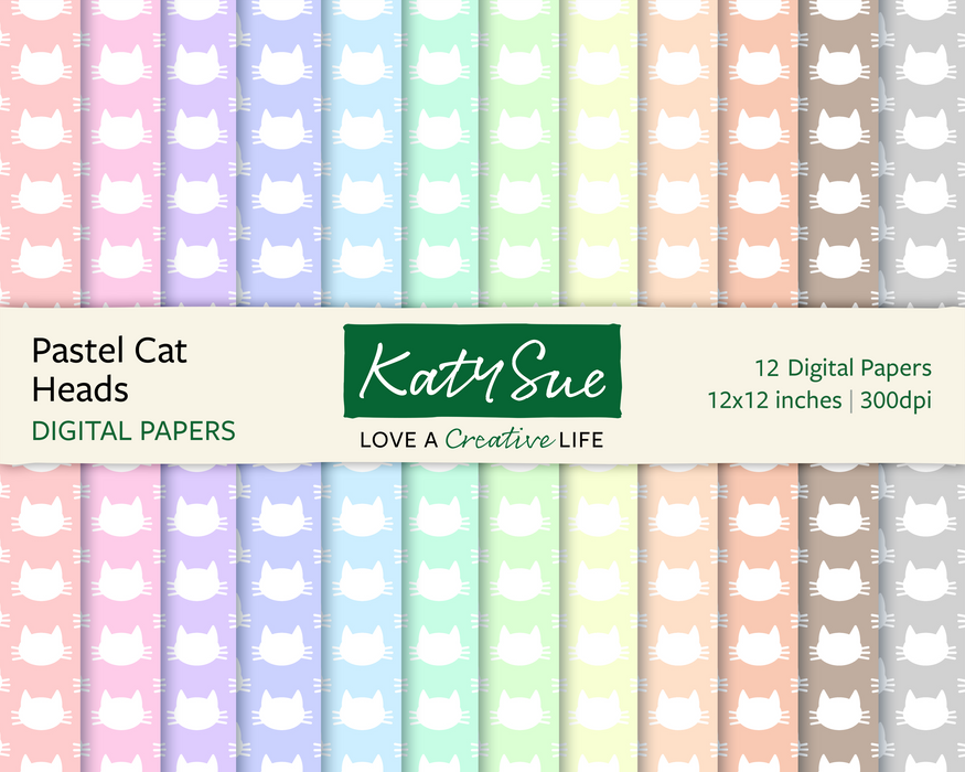 Pastellfarbene Katzenköpfe | 12x12 Digitale Papiere 