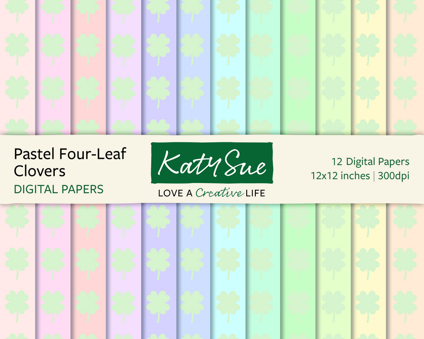 Pastellfarbene vierblättrige Kleeblätter | 12x12 Digitale Papiere 