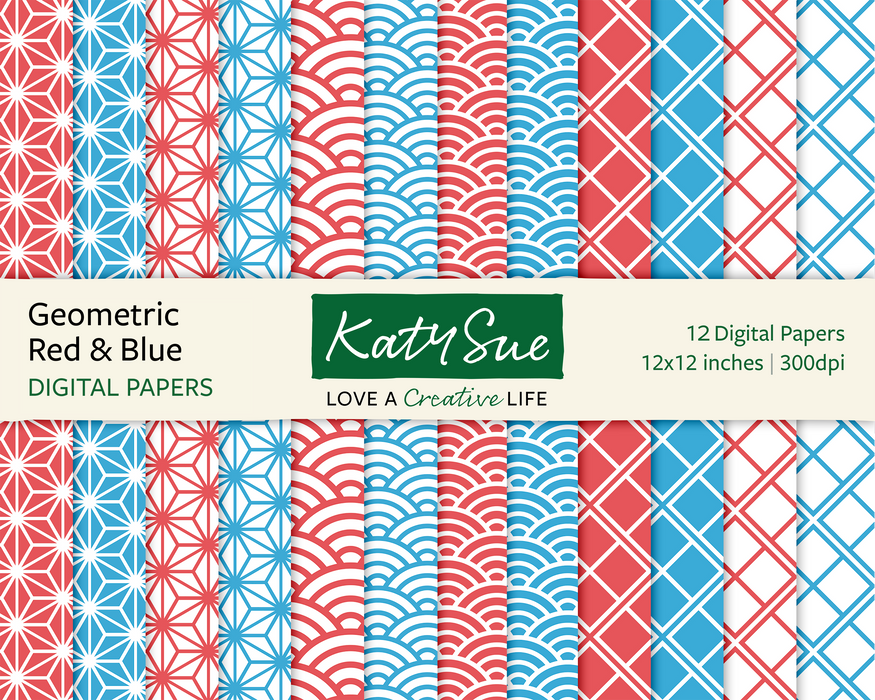 Geometrisches Rot &amp; Blau | 12x12 Digitale Papiere