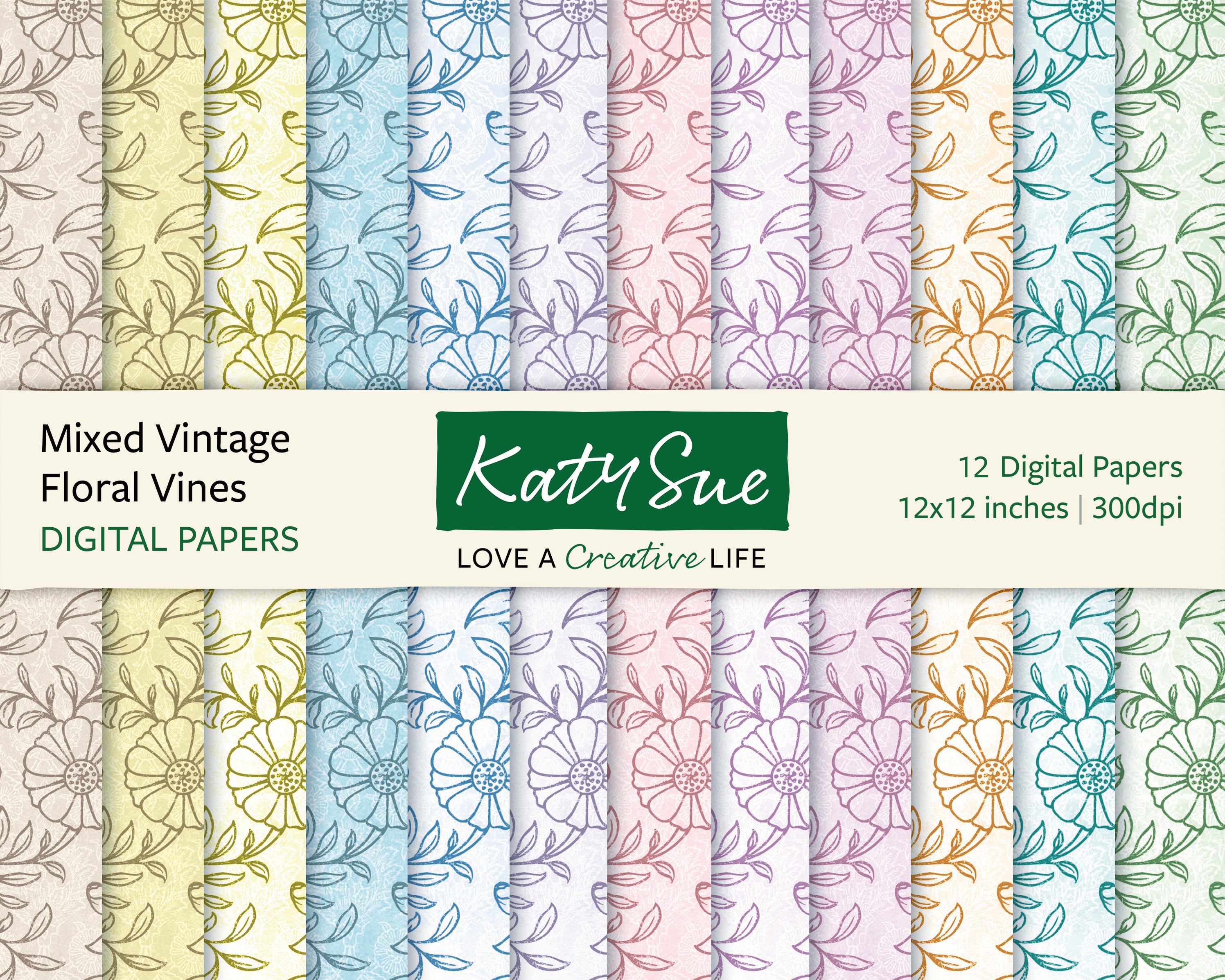 Spring Vines Paper Mixed Vintage Floral Vines | 12x12 Digital Papers | Katy Sue Designs