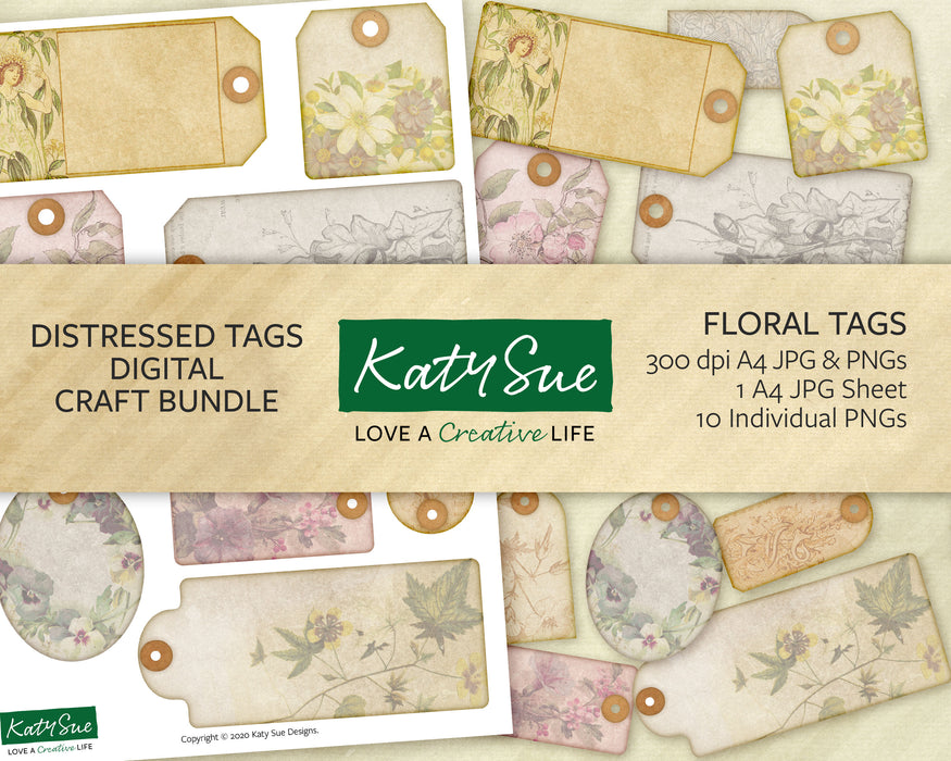 Distressed Floral Tags | Digital Craft Bundle