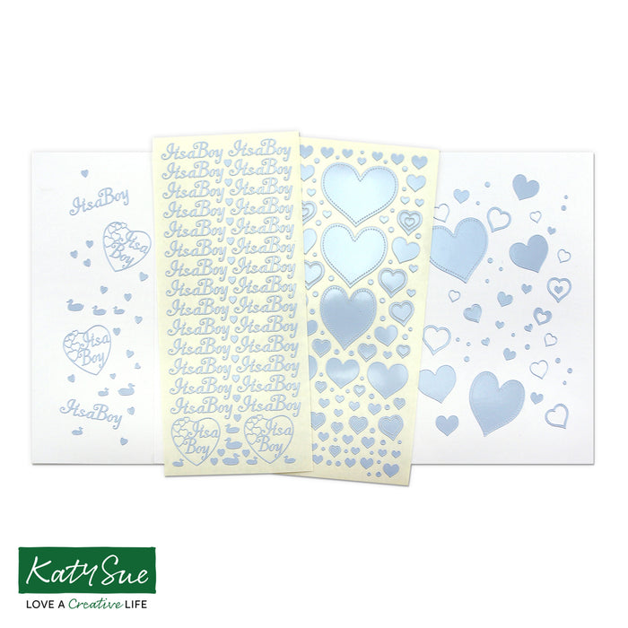 Hearts and It's A Boy Baby Blue Self Adhesive Peel Off Stickers (pack of 2)