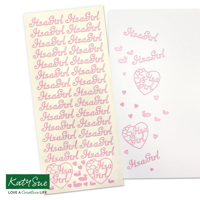 Hearts and It's A Girl Baby Pink Self Adhesive Peel Off Stickers (Pack of 2)