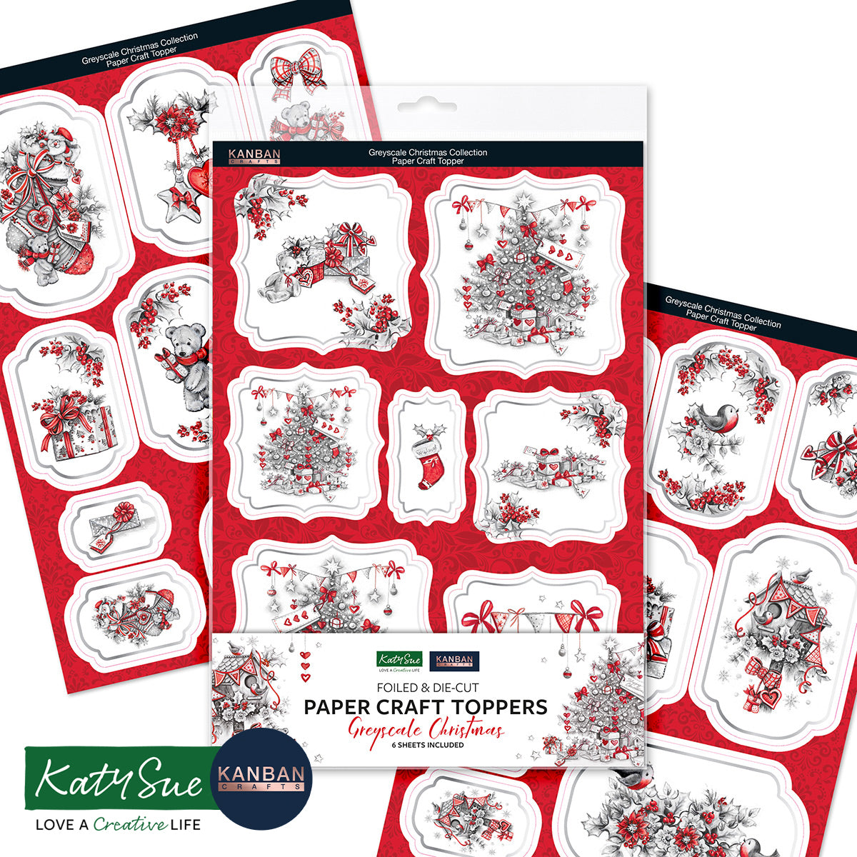 Kanban Crafts Greyscale Christmas Foiled Paper Craft Toppers, 6 sheets