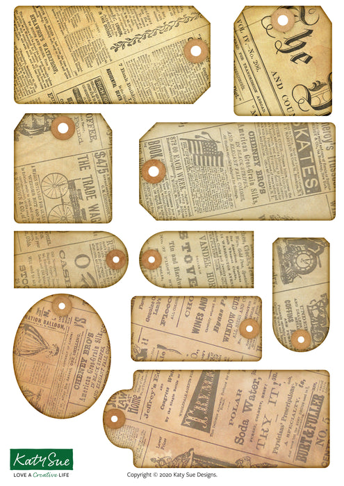 Vintage Zeitungspapier-Tags | Digitales Bastelpaket